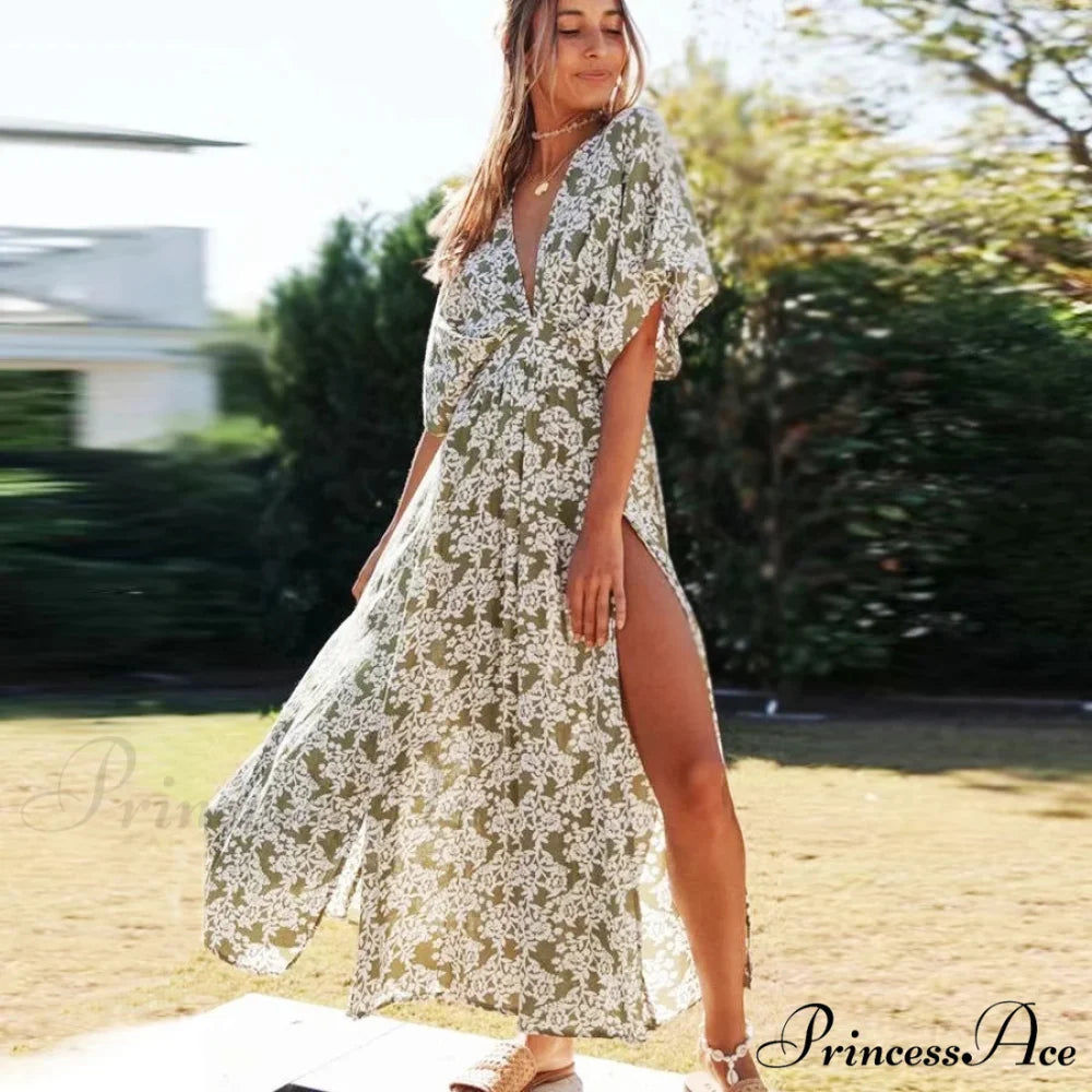 Attractive Deep Plunge-neck Maxi Dress Retro Floral Print Side Split Boho Dress