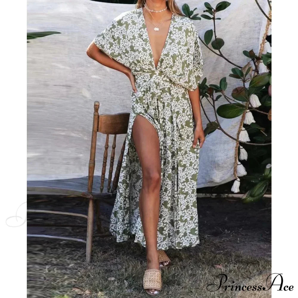 Attractive Deep Plunge-neck Maxi Dress Retro Floral Print Side Split Boho Dress