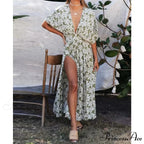Attractive Deep Plunge-neck Maxi Dress Retro Floral Print Side Split Boho Dress