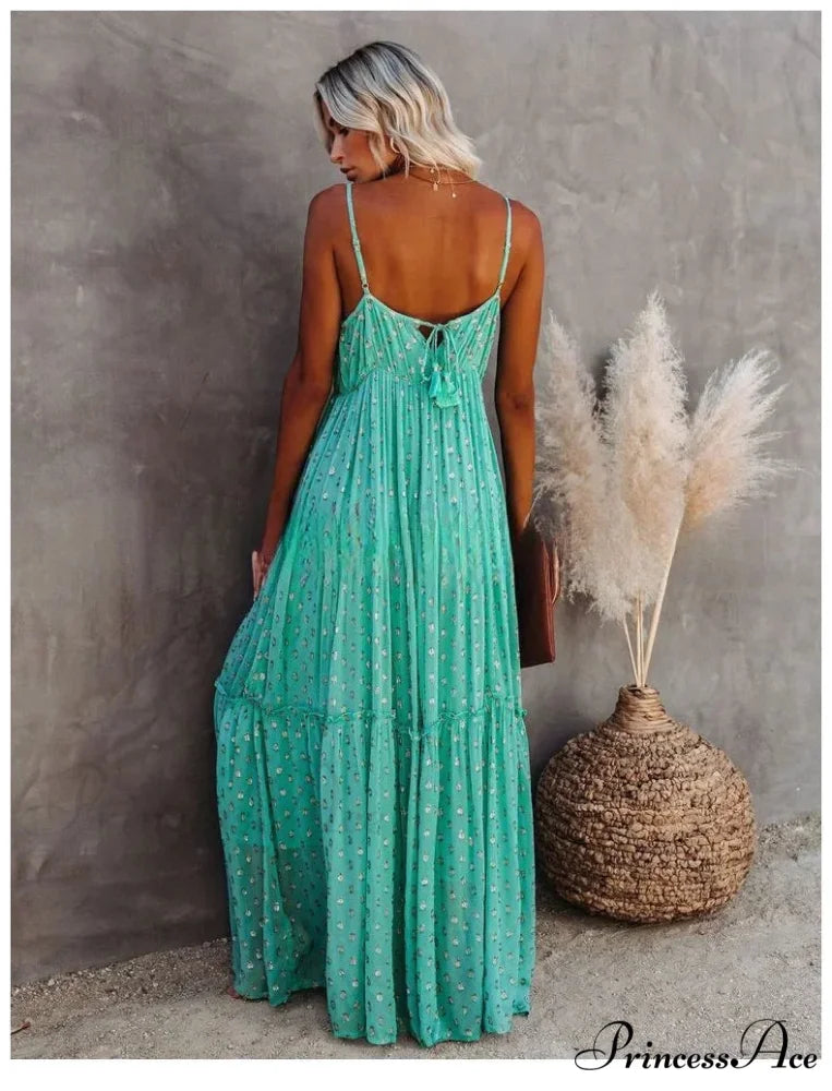 Attractive Divided Large Hem Bandeau Sleeveless Green Maxi Boho Dress