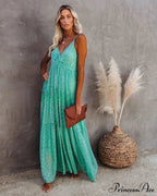 Attractive Divided Large Hem Bandeau Sleeveless Green Maxi Boho Dress