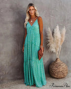 Attractive Divided Large Hem Bandeau Sleeveless Green Maxi Boho Dress