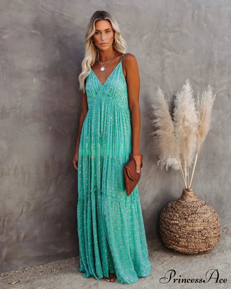 Attractive Divided Large Hem Bandeau Sleeveless Green Maxi Boho Dress