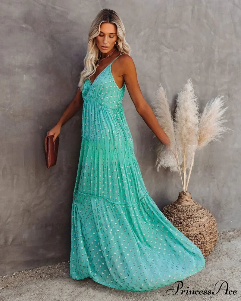 Attractive Divided Large Hem Bandeau Sleeveless Green Maxi Boho Dress