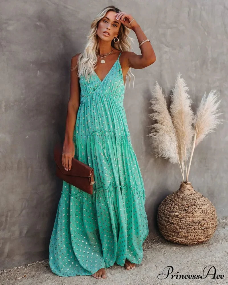 Attractive Divided Large Hem Bandeau Sleeveless Green Maxi Boho Dress