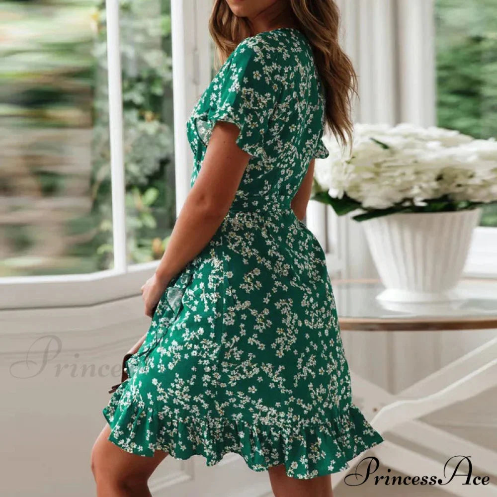 Attractive Flower Pattern V-neck Chiffon Mini Flower Dress