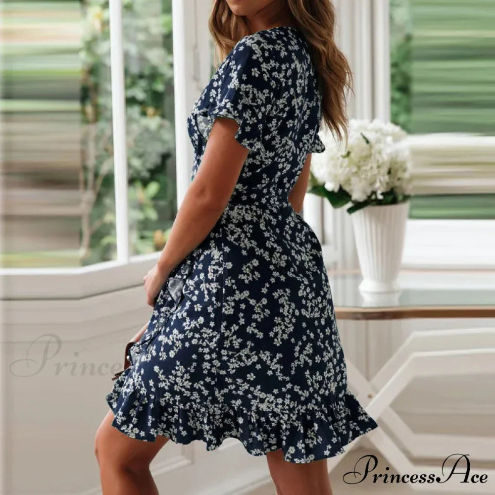 Attractive Flower Pattern V-neck Chiffon Mini Flower Dress