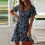 Attractive Flower Pattern V-neck Chiffon Mini Flower Dress