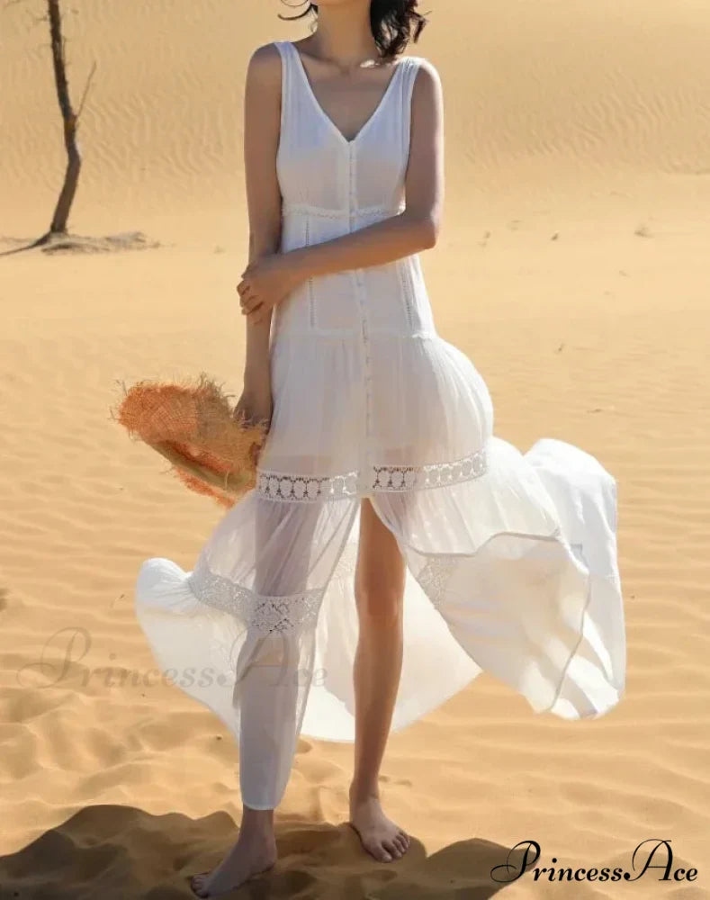 Attractive Sleeveless Plunging Neckline Tank Maxi Dress Cotton Long Summer Dress