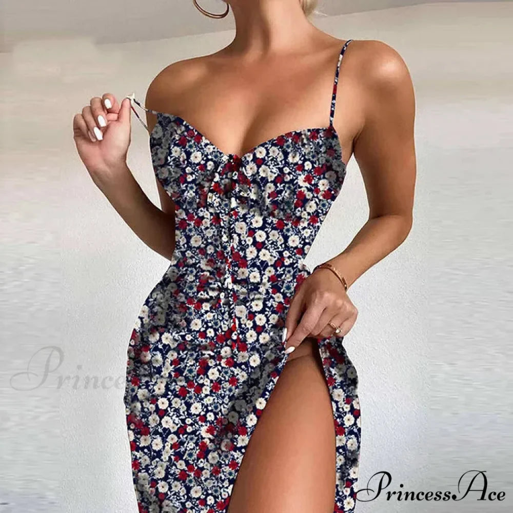 Attractive Spaghetti Strap Slit Floral Beach Party Dress