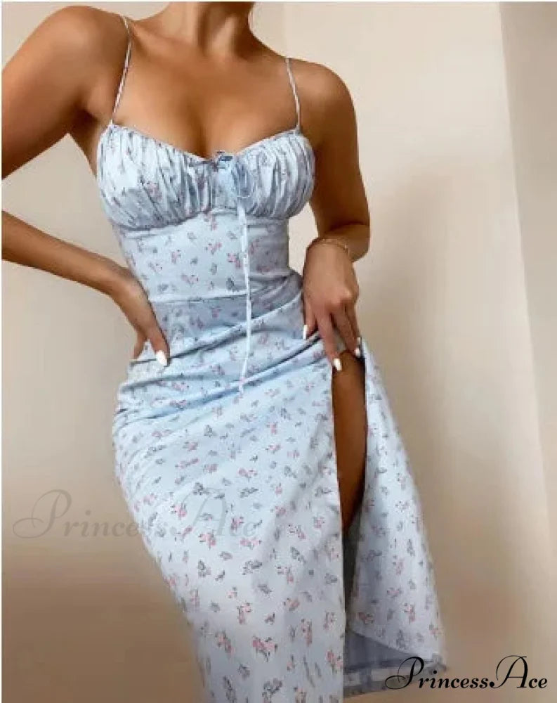 Attractive Spaghetti Strap Slit Floral Beach Party Dress