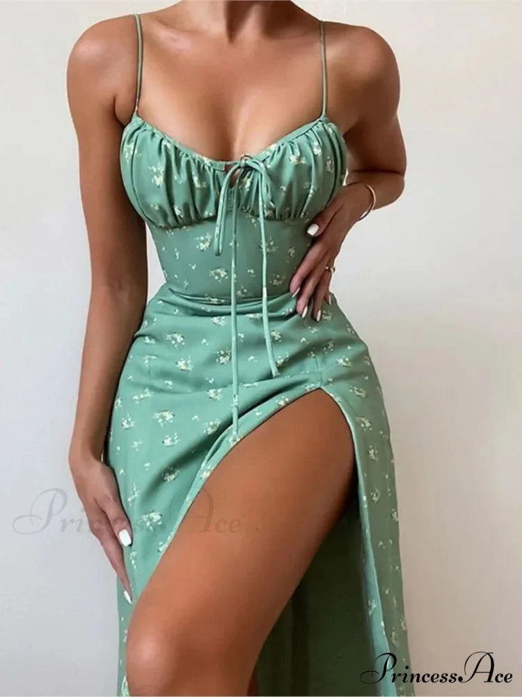 Attractive Spaghetti Strap Slit Floral Beach Party Dress