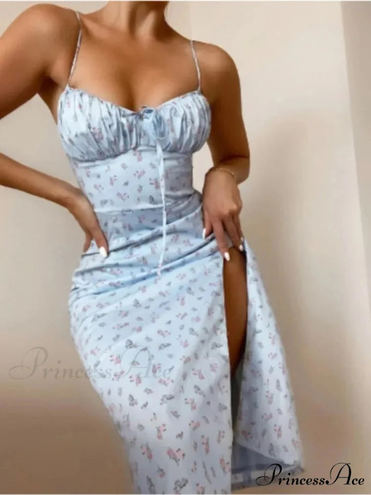 Attractive Spaghetti Strap Slit Floral Beach Party Dress