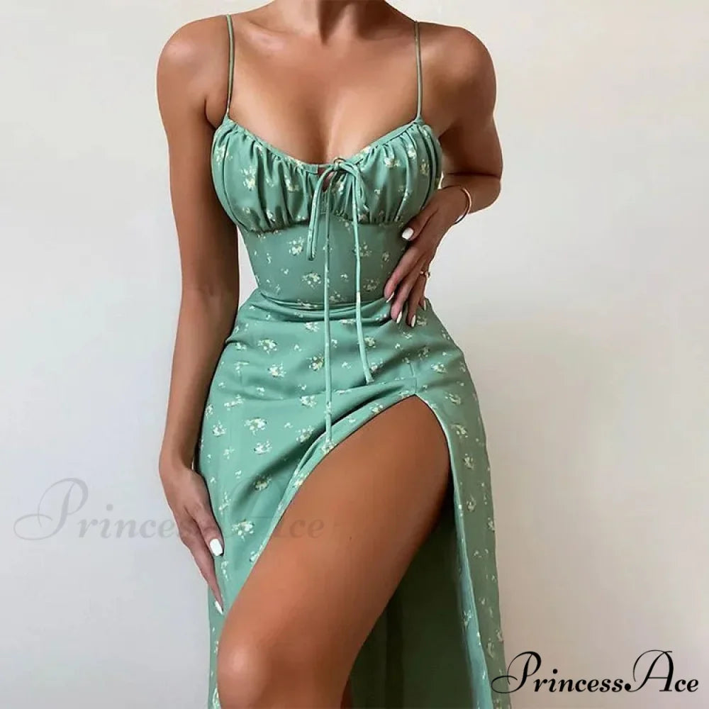 Attractive Spaghetti Strap Slit Floral Beach Party Dress