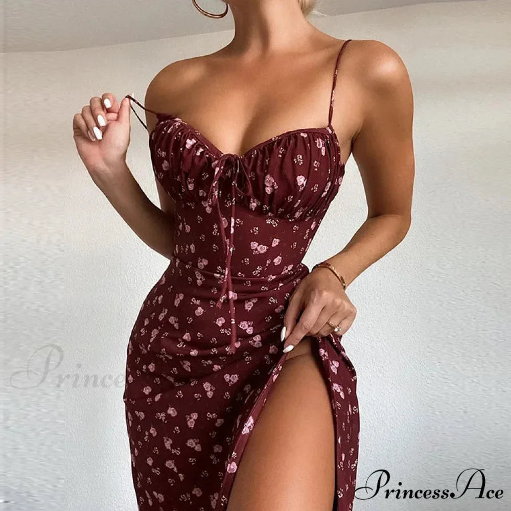 Attractive Spaghetti Strap Slit Floral Beach Party Dress