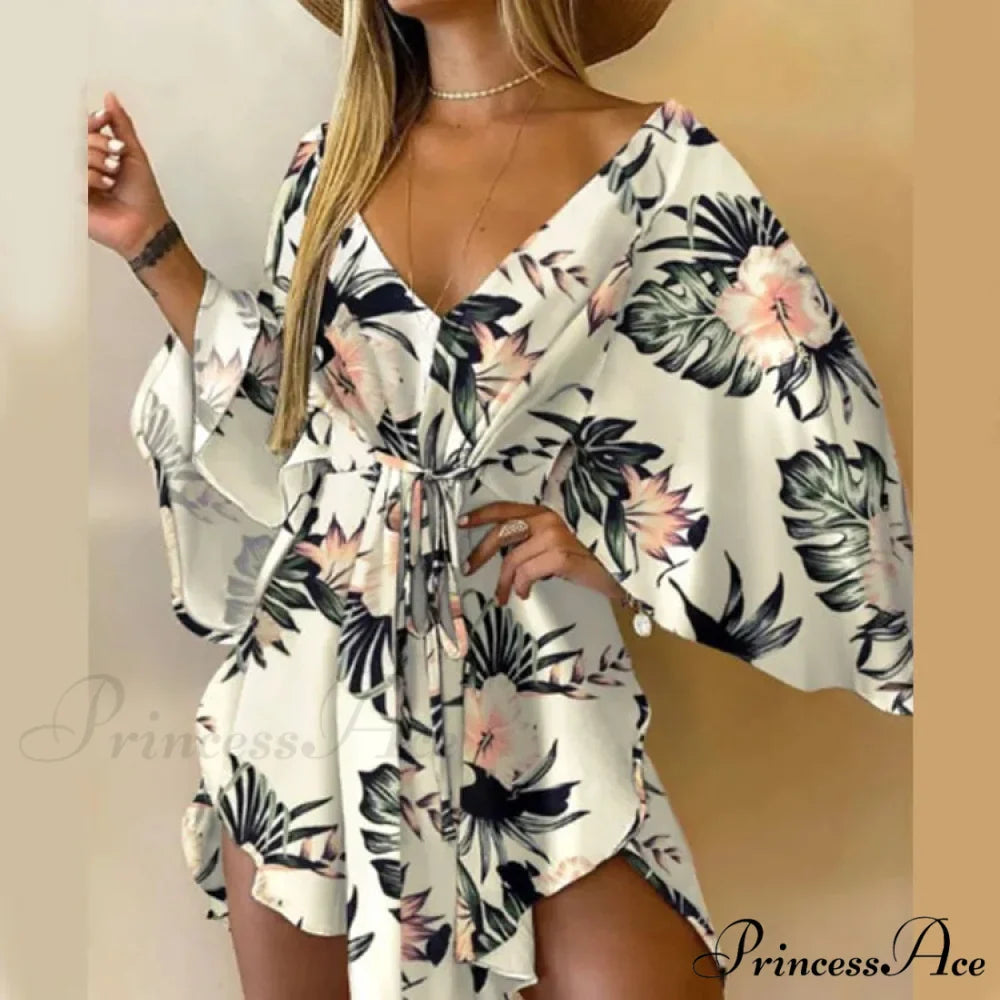 Attractive V-neck Bat Sleeve Bohemian Floral Beach Sundress