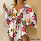 Attractive V-neck Bat Sleeve Bohemian Floral Beach Sundress