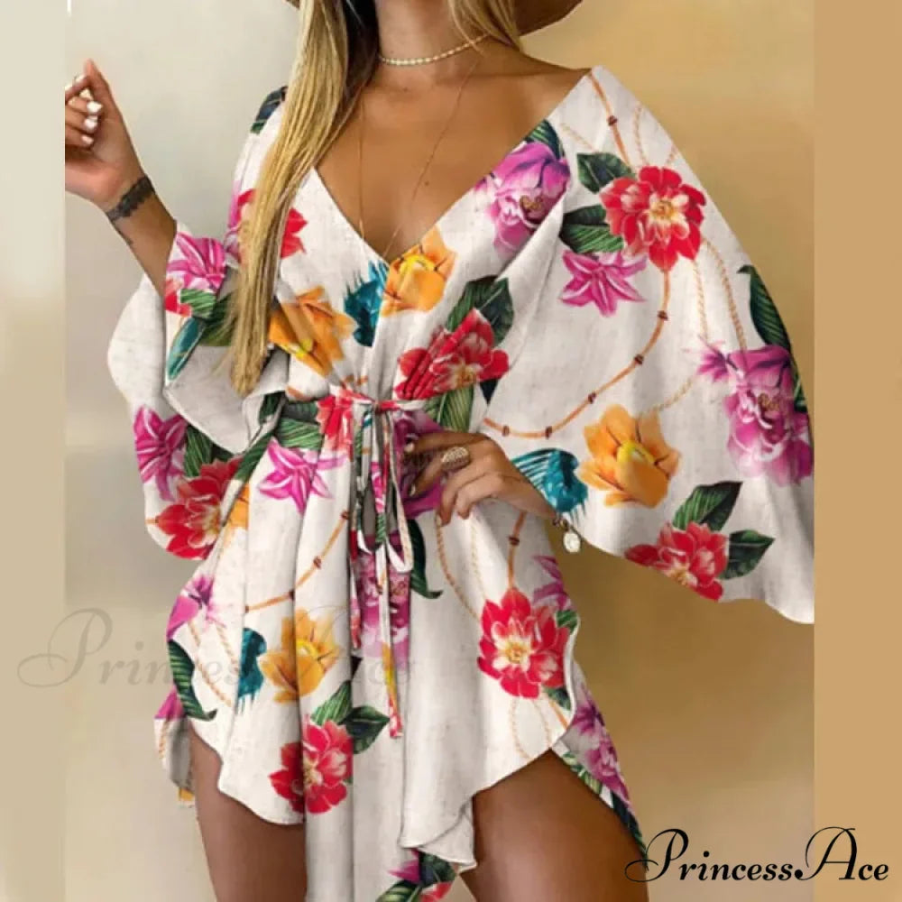 Attractive V-neck Bat Sleeve Bohemian Floral Beach Sundress