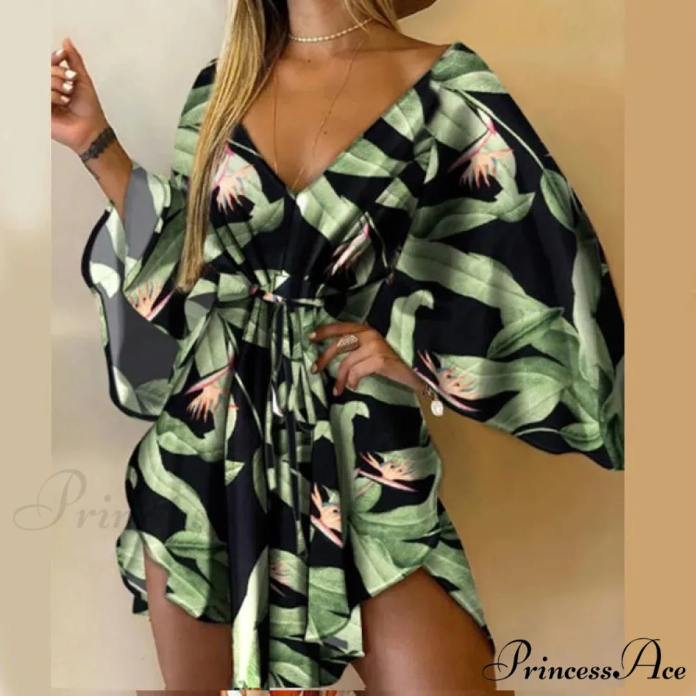 Attractive V-neck Bat Sleeve Bohemian Floral Beach Sundress