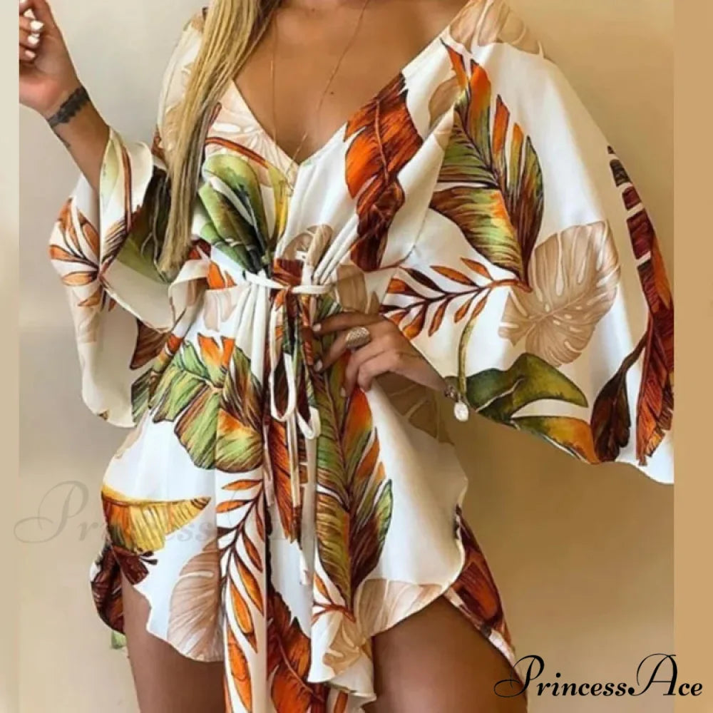 Attractive V-neck Bat Sleeve Bohemian Floral Beach Sundress