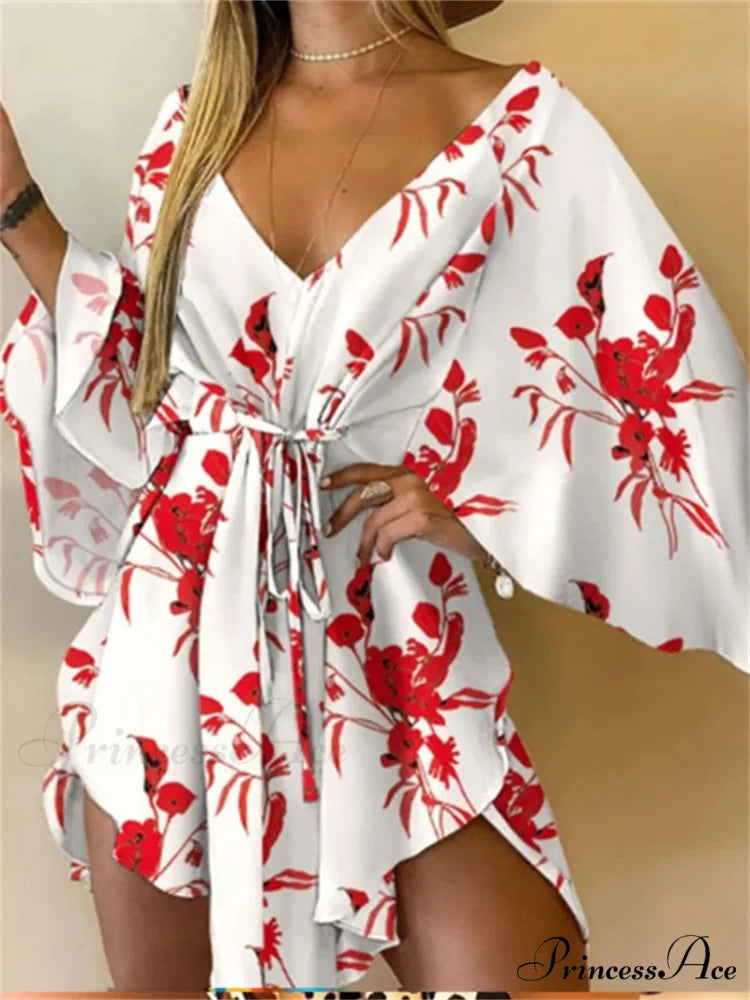 Attractive V-neck Bat Sleeve Bohemian Floral Beach Sundress