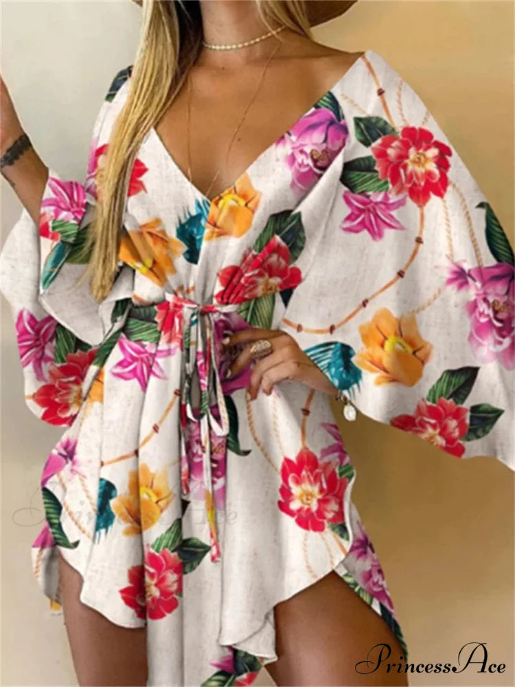 Attractive V-neck Bat Sleeve Bohemian Floral Beach Sundress