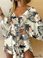 Attractive V-neck Bat Sleeve Bohemian Floral Beach Sundress