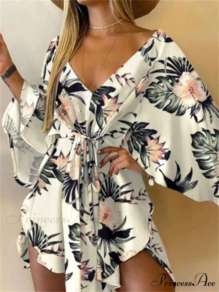 Attractive V-neck Bat Sleeve Bohemian Floral Beach Sundress