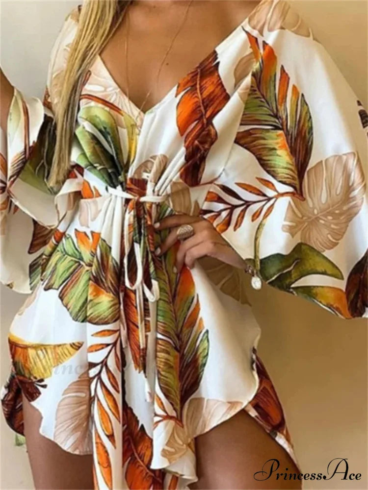Attractive V-neck Bat Sleeve Bohemian Floral Beach Sundress