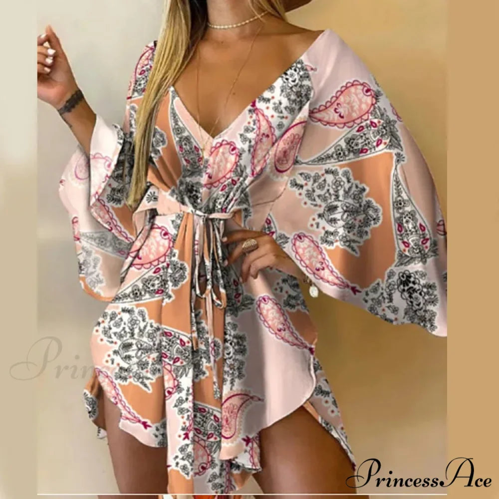 Attractive V-neck Bat Sleeve Bohemian Floral Beach Sundress