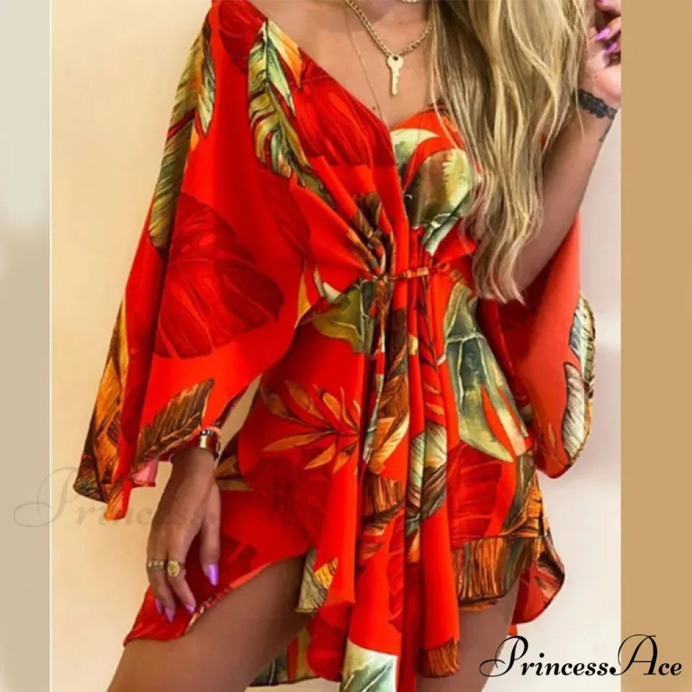Attractive V-neck Bat Sleeve Bohemian Floral Beach Sundress