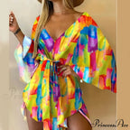 Attractive V-neck Bat Sleeve Bohemian Floral Beach Sundress