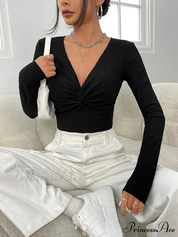 Attractive V-Neck Knitted Base Blouse Figure Trim Fit Top Women