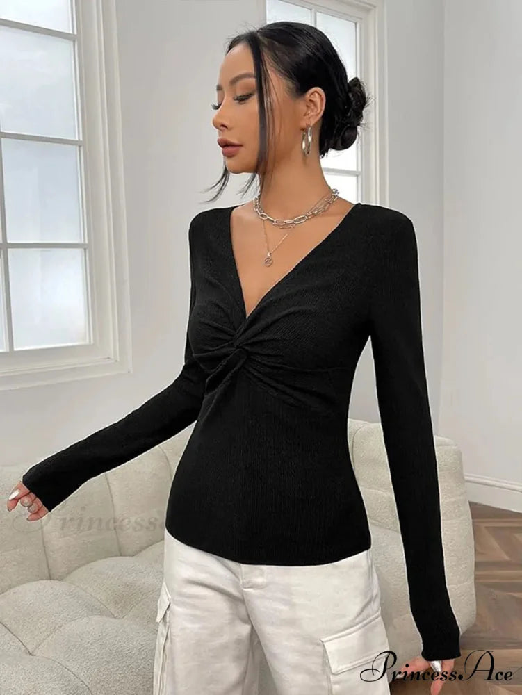 Attractive V-Neck Knitted Base Blouse Figure Trim Fit Top Women
