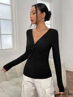 Attractive V-Neck Knitted Base Blouse Figure Trim Fit Top Women