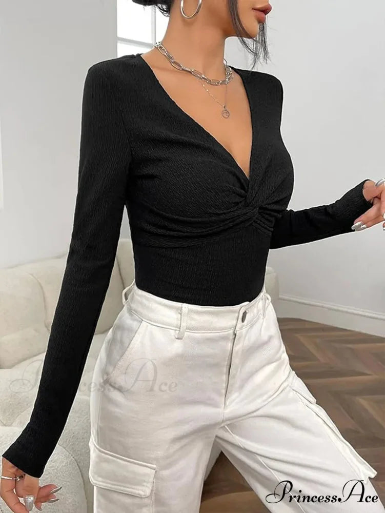 Attractive V-Neck Knitted Base Blouse Figure Trim Fit Top Women