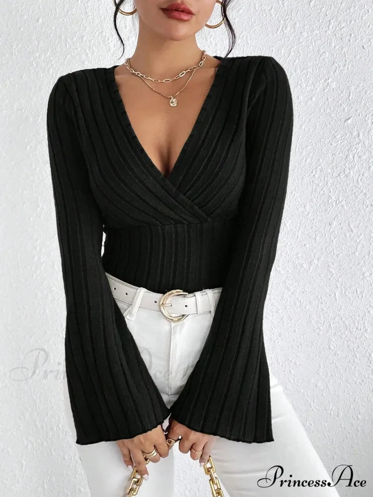 Attractive V-Neck Monochrome Slim Long Sleeve T-shirt Women