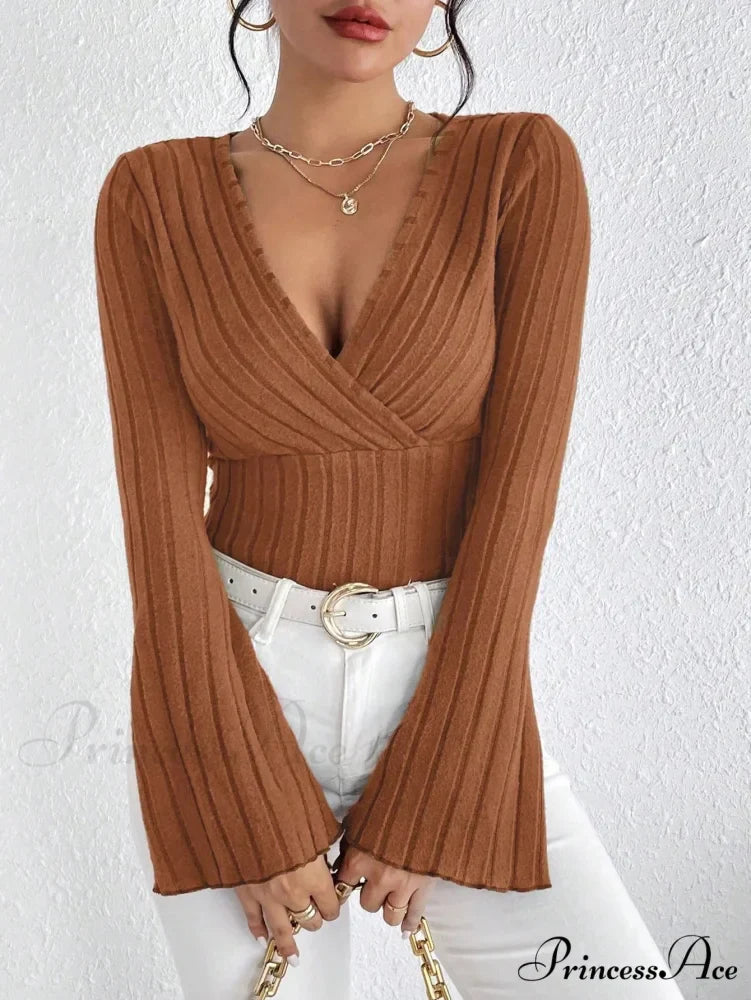 Attractive V-Neck Monochrome Slim Long Sleeve T-shirt Women