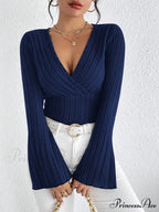 Attractive V-Neck Monochrome Slim Long Sleeve T-shirt Women