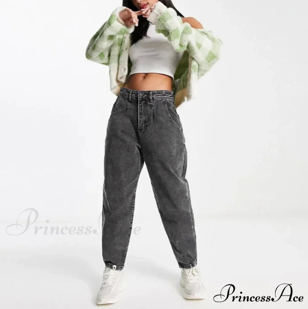 Autumn Black Washed Casual Tapered Slant Pockets Straight Legs Mom Denim