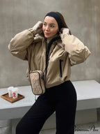 Autumn Chic Stand Collar Hooded Long Sleeves Zipper Pocket Crop Warm Stylish Coat