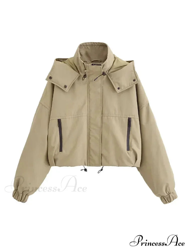 Autumn Chic Stand Collar Hooded Long Sleeves Zipper Pocket Crop Warm Stylish Coat