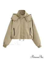 Autumn Chic Stand Collar Hooded Long Sleeves Zipper Pocket Crop Warm Stylish Coat