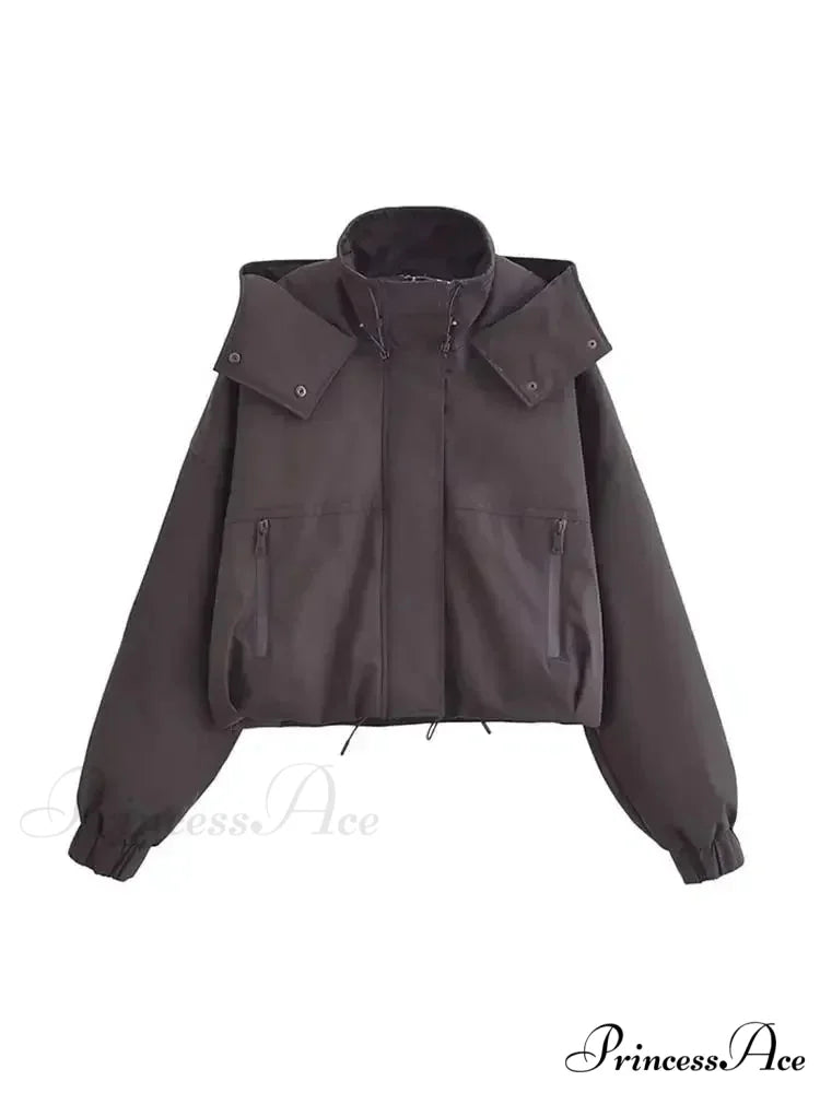 Autumn Chic Stand Collar Hooded Long Sleeves Zipper Pocket Crop Warm Stylish Coat