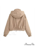Autumn Chic Stand Collar Hooded Long Sleeves Zipper Pocket Crop Warm Stylish Coat