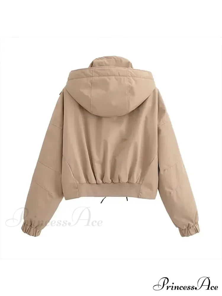 Autumn Chic Stand Collar Hooded Long Sleeves Zipper Pocket Crop Warm Stylish Coat