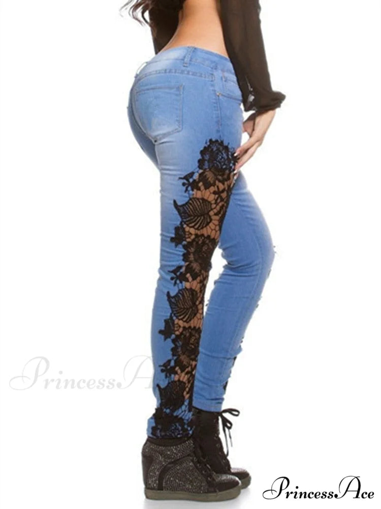 Autumn Denim Hollow-Out Flowered Elegant 3XL Crochet Women Jeans Lace Sexy Pencil