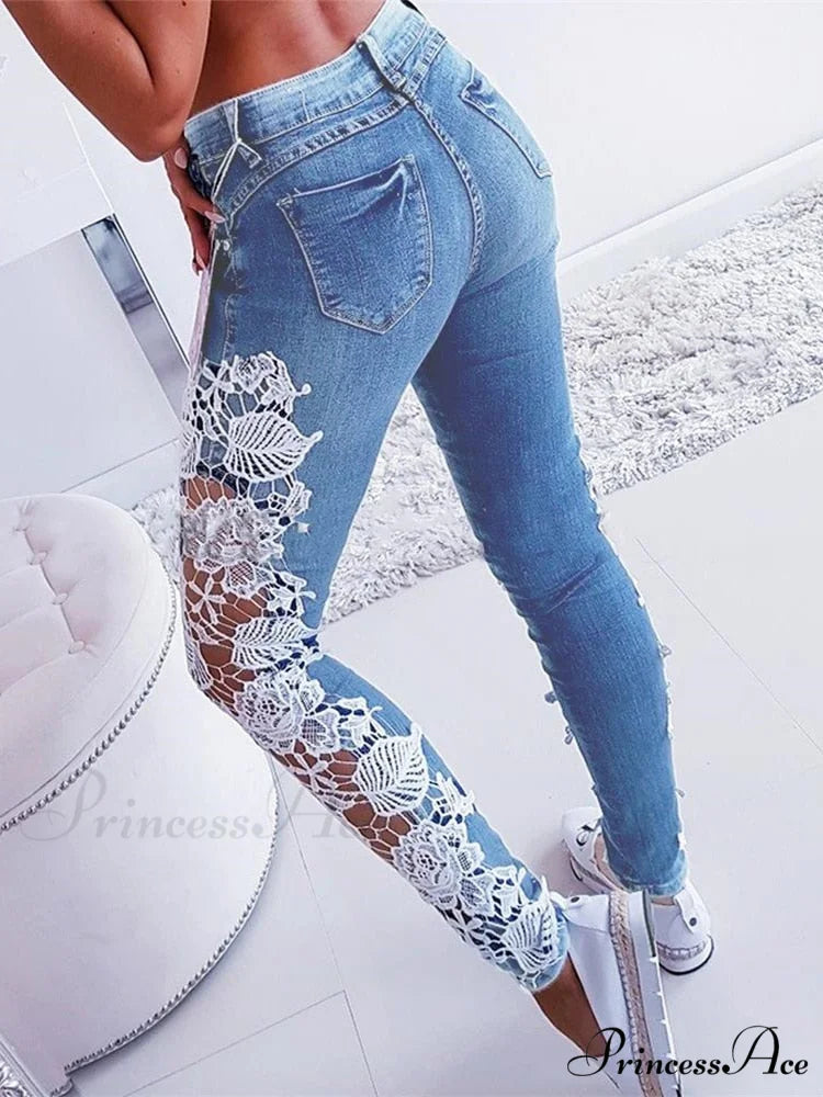 Autumn Denim Hollow-Out Flowered Elegant 3XL Crochet Women Jeans Lace Sexy Pencil