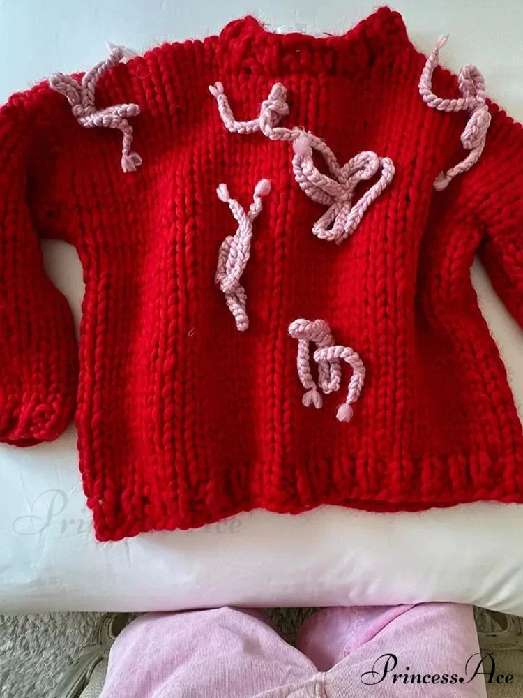 Autumn Elegant Retro 3D Bow Print Loose Casual Holiday Christmas Sweater