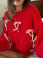 Autumn Elegant Retro 3D Bow Print Loose Casual Holiday Christmas Sweater